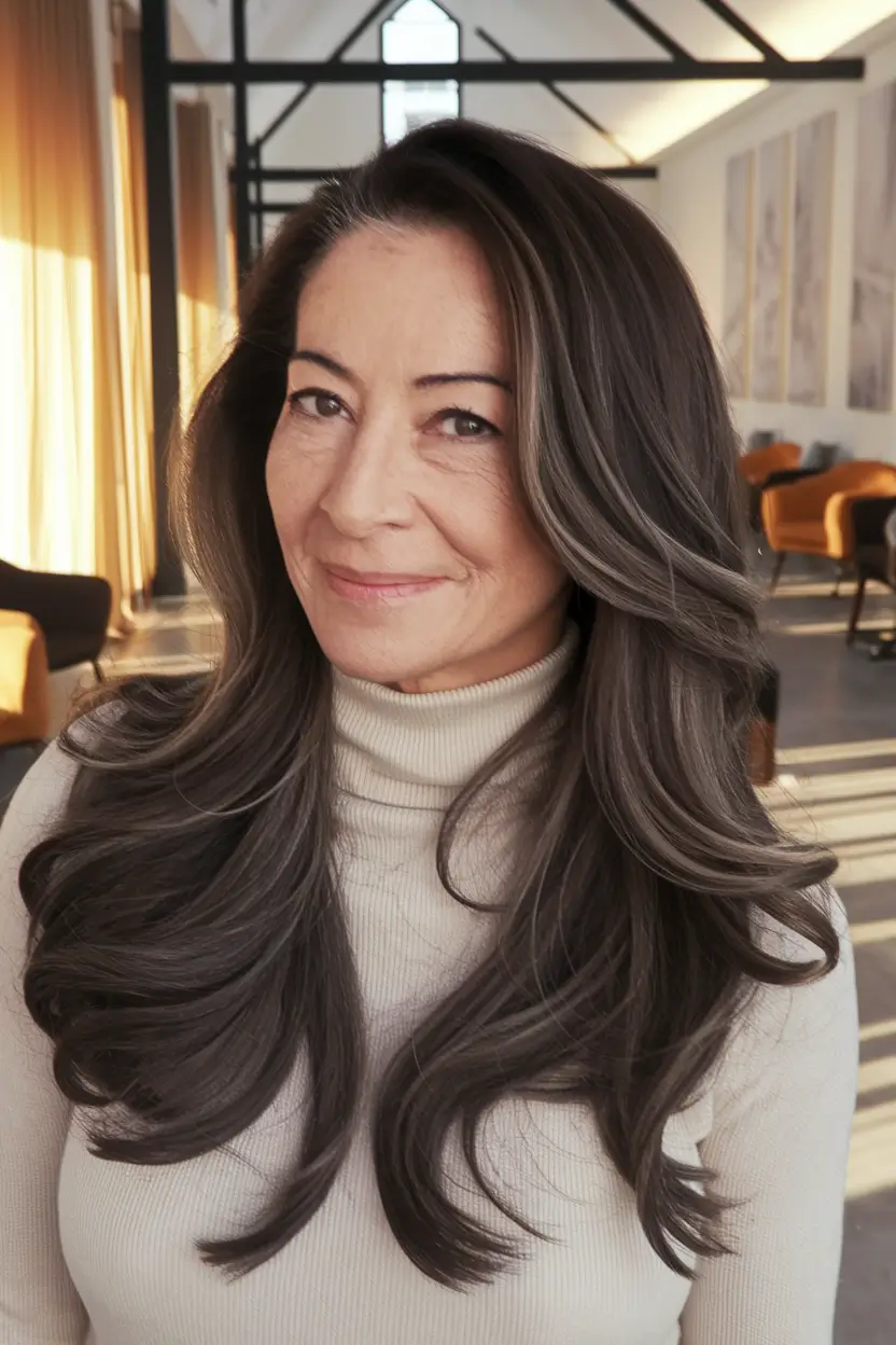 Fall 2025 Haircut That Flatter Women 50+ Layered Brunette Blowout