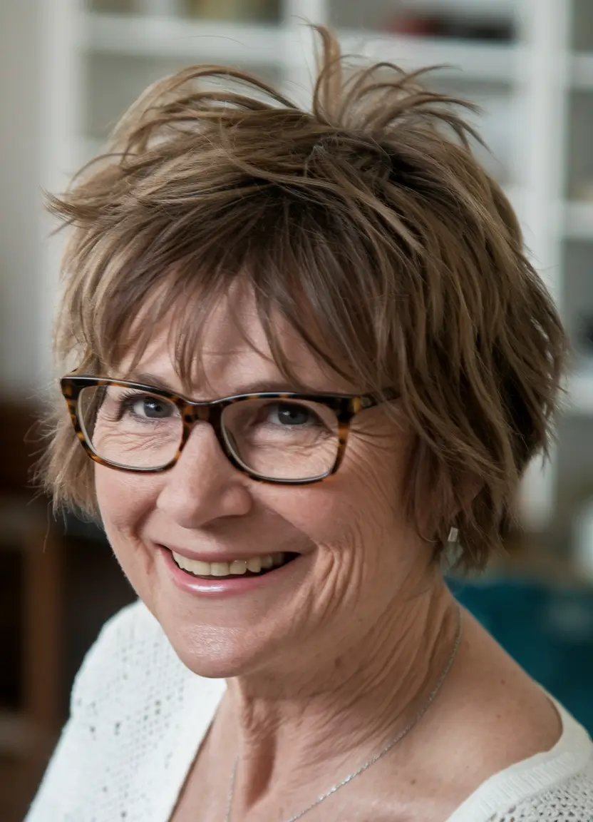 Fall 2025 Haircut That Flatter Women 50+ Textured Shag with Bangs and Glasses