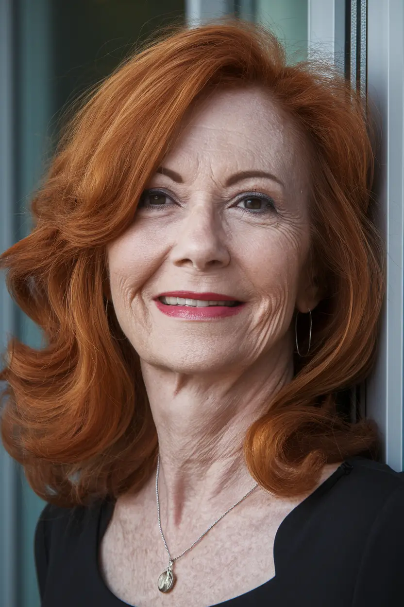 Fall 2025 Haircut That Flatter Women 50+ Long Auburn Waves with Retro Glam