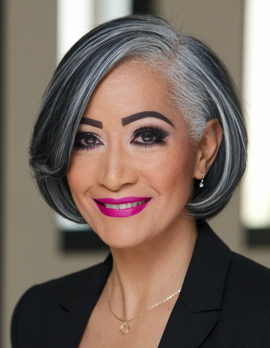Fall 2025 Haircut That Flatter Women 50+ Precision Bob with Gray-Silver Contrast