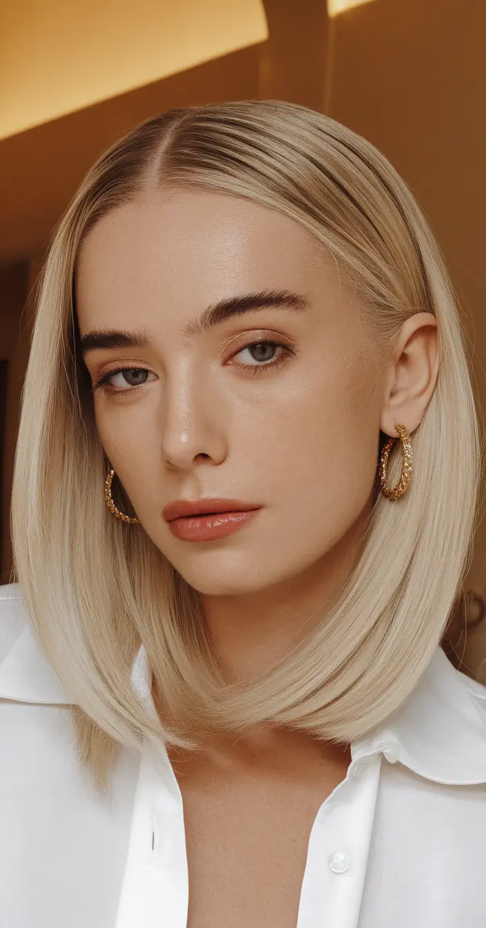 round face haircut short double chin Chic Precision Bob with Platinum Polish