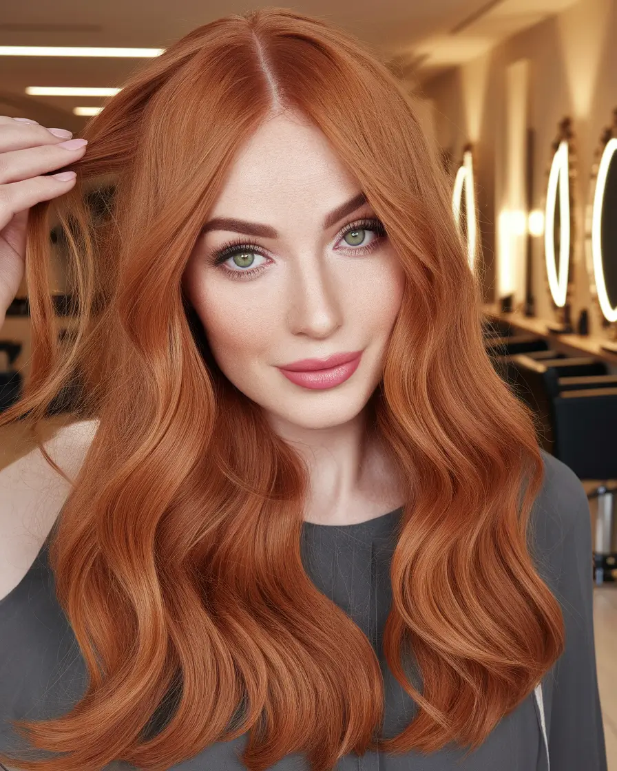 round face fall haircut Warm Cinnamon Waves with a Center Split