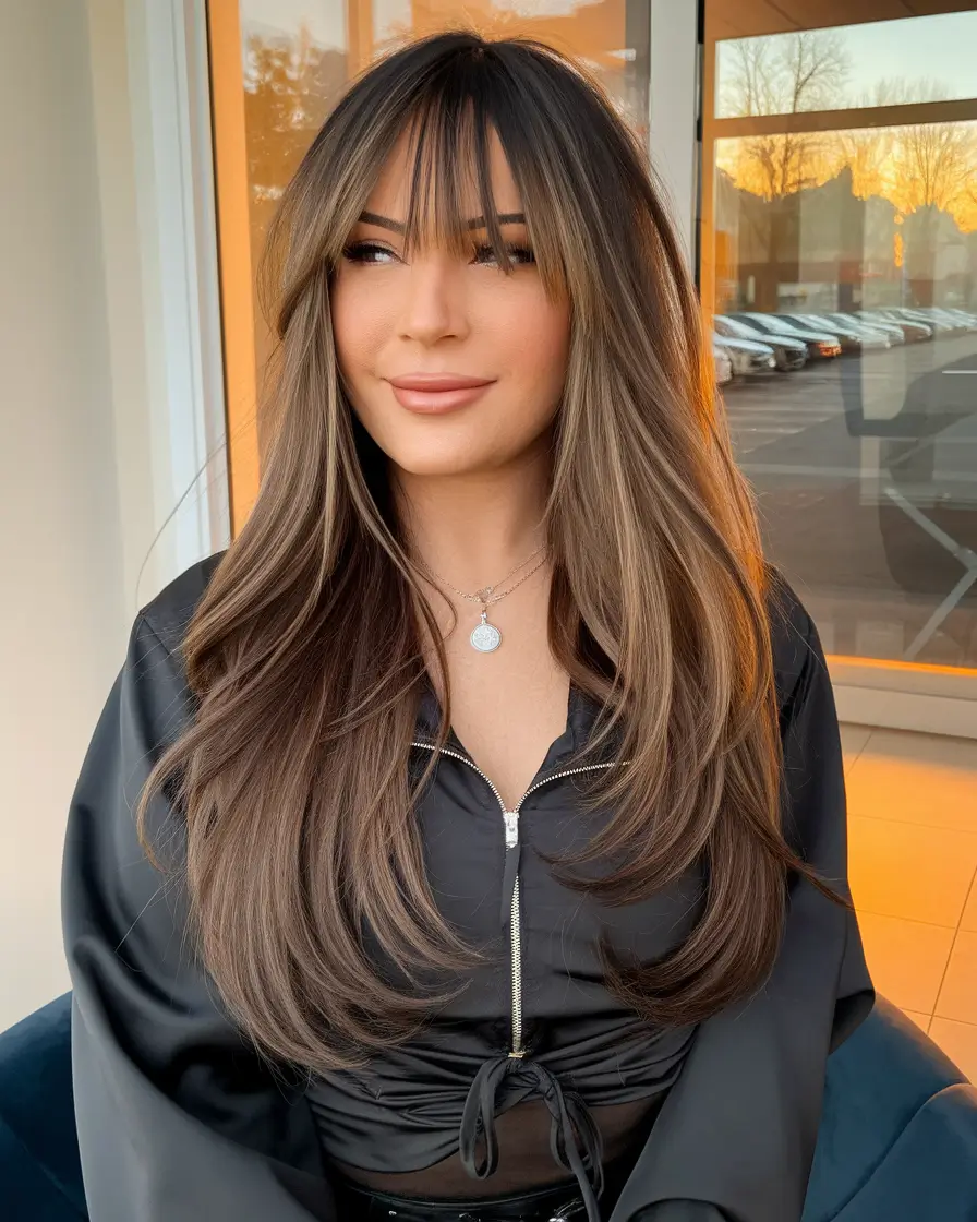 round face haircuts long thin hair Extra Long Layers with Airy Curtain Bangs