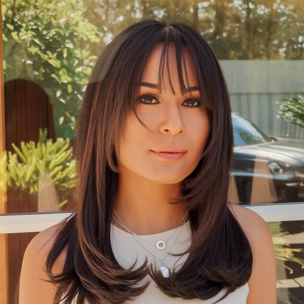 round face haircuts long straight Feathered Layers and Peekaboo Bangs for Elongation