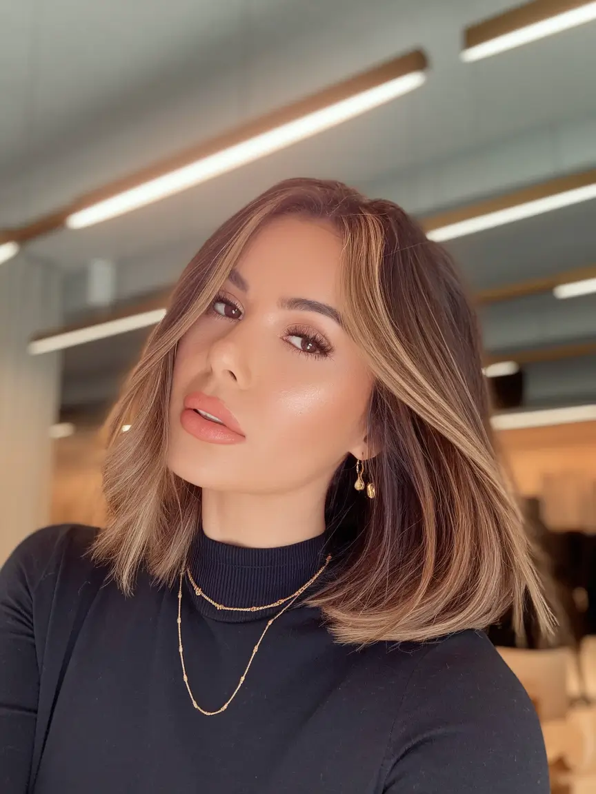 round face haircuts medium straight Golden Lob with Face-Framing Highlights