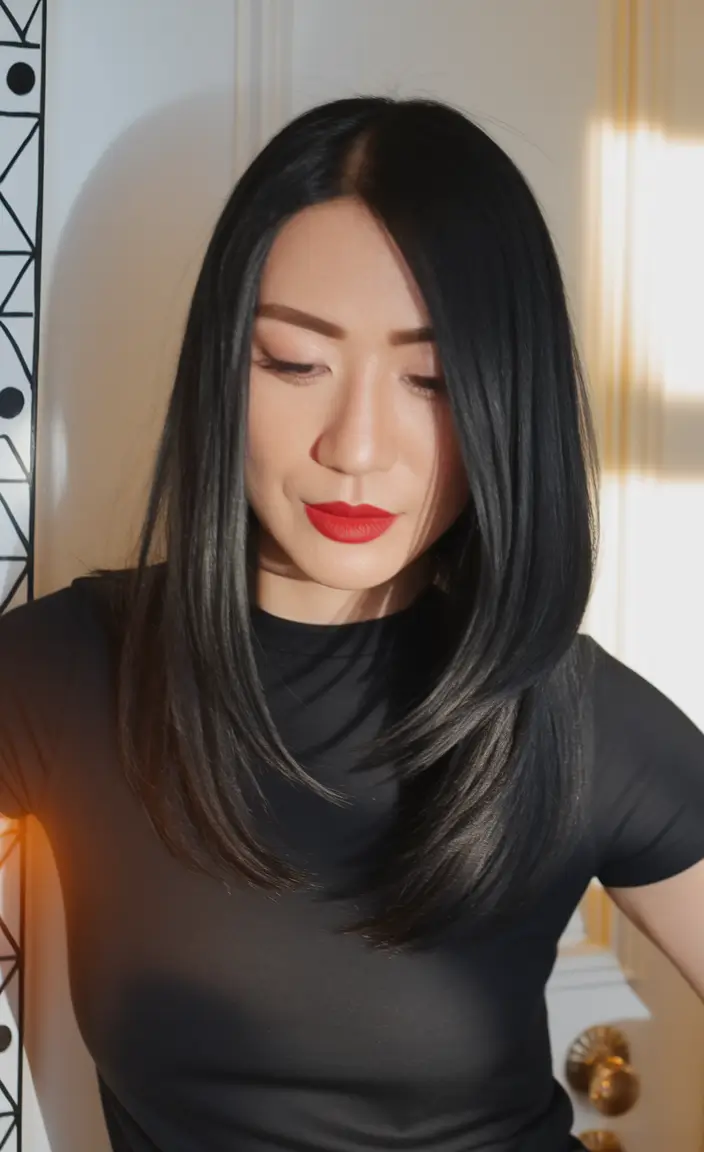 round face haircuts long straight Glossy Jet Black Layers with Airy Movement