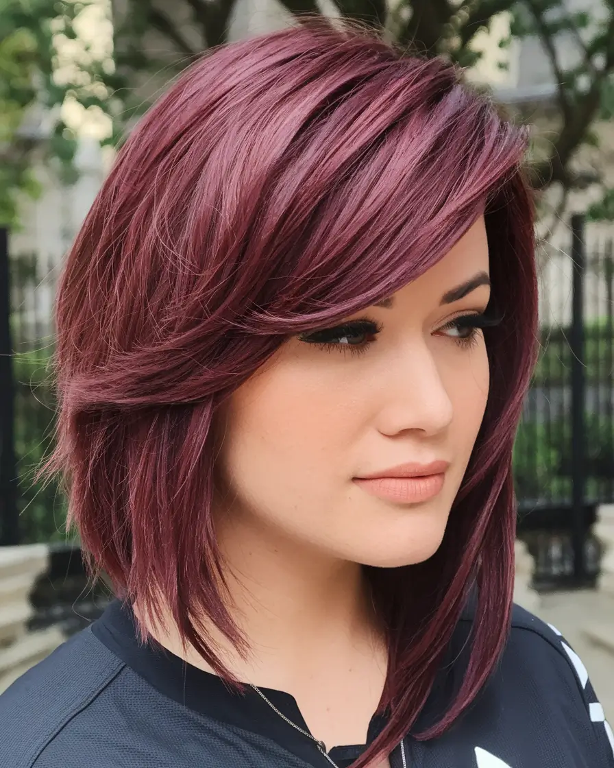 Fall 2025 hairstyles for Round Faces Deep Plum Layered Lob
