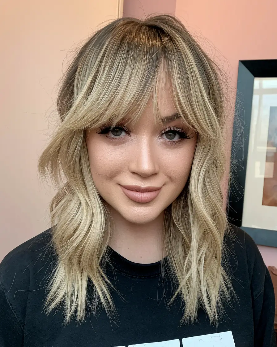 Fall 2025 hairstyles for Round Faces Blonde Wavy Lob with Soft Bangs