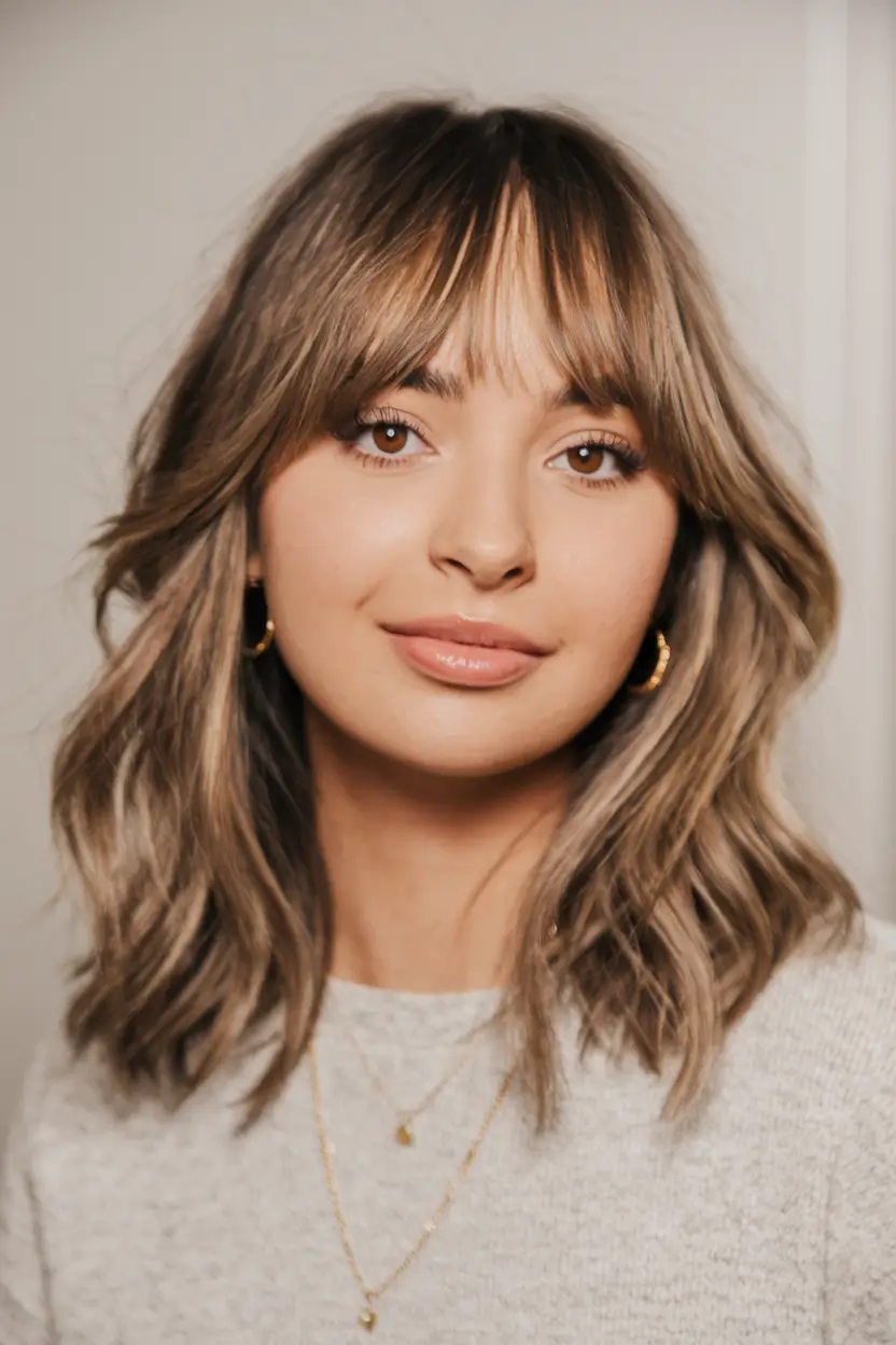 Fall 2025 hairstyles for Round Faces Warm Brunette Waves with Curtain Bangs