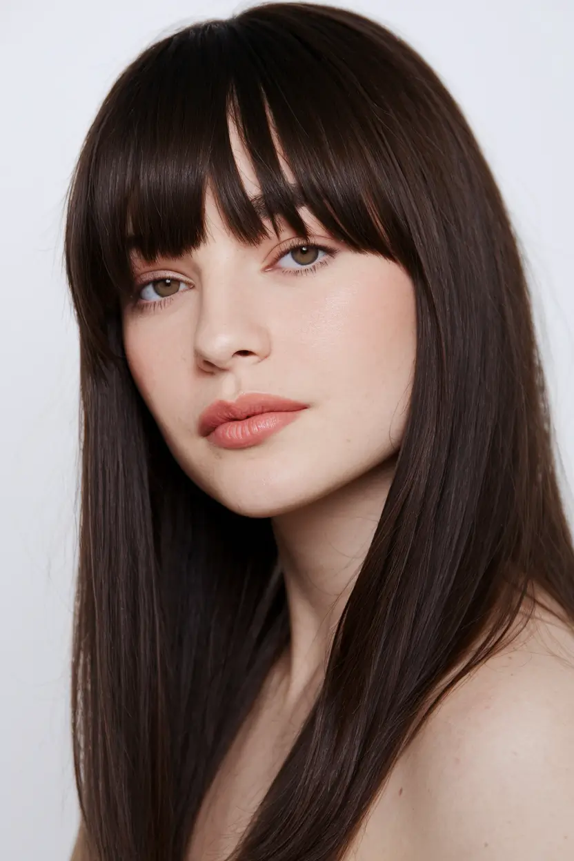 Fall 2025 hairstyles for Round Faces Glossy Straight Hair with Blunt Bangs