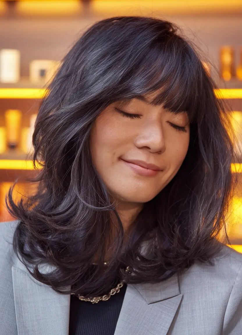 Fall 2025 hairstyles for Round Faces Feathered Mid-Length with Bangs