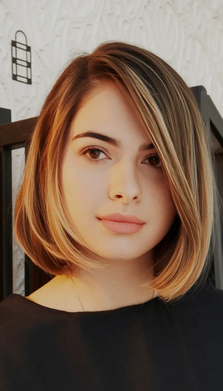 Fall 2025 hairstyles for Round Faces Polished Chin-Length Bob with Soft Highlights