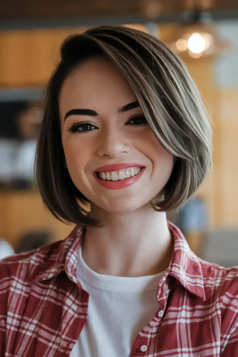 Fall 2025 hairstyles for Round Faces Relaxed Short Bob with Side Part