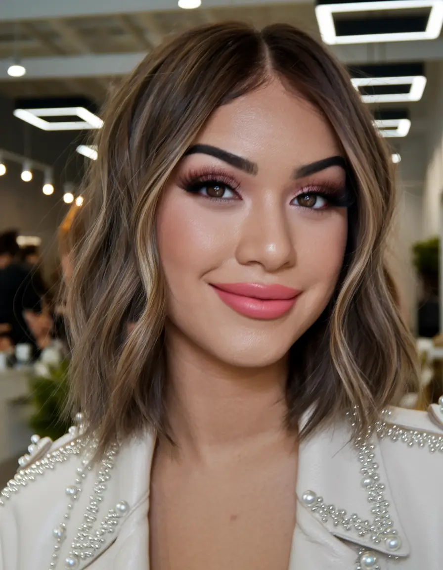 Fall 2025 hairstyles for Round Faces Textured Wavy Lob with Soft Highlights