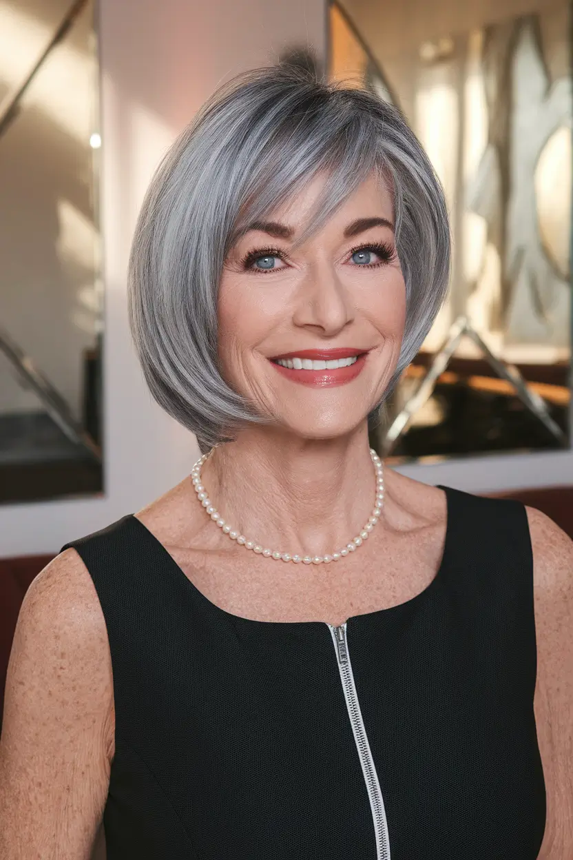 Fall 2025 Hairstyles That Flatter 60+ Women+Elegant Bob with Precision Bangs