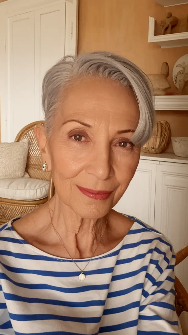 Fall 2025 Hairstyles That Flatter 60+ Women+Soft Silver Pixie with Side Sweep