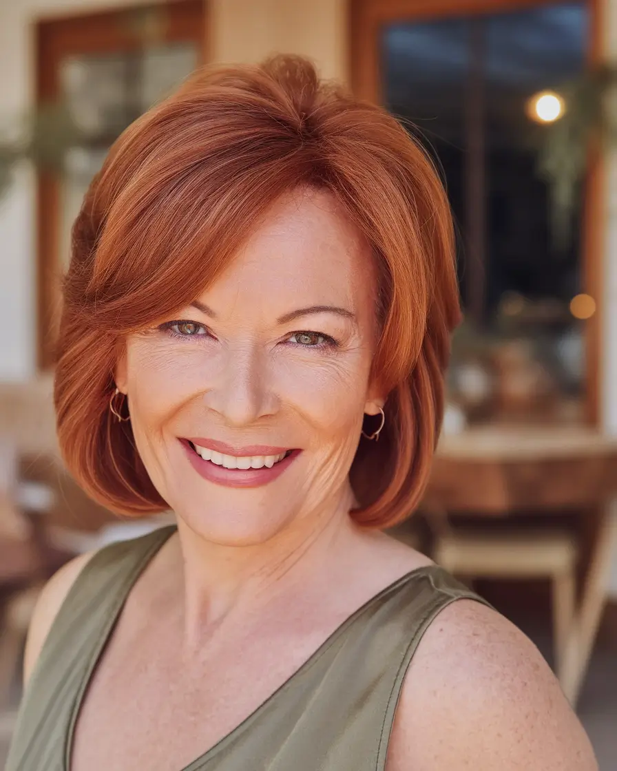 Fall 2025 Hairstyles That Flatter 60+ Women+Layered Red Bob for Autumn Warmth