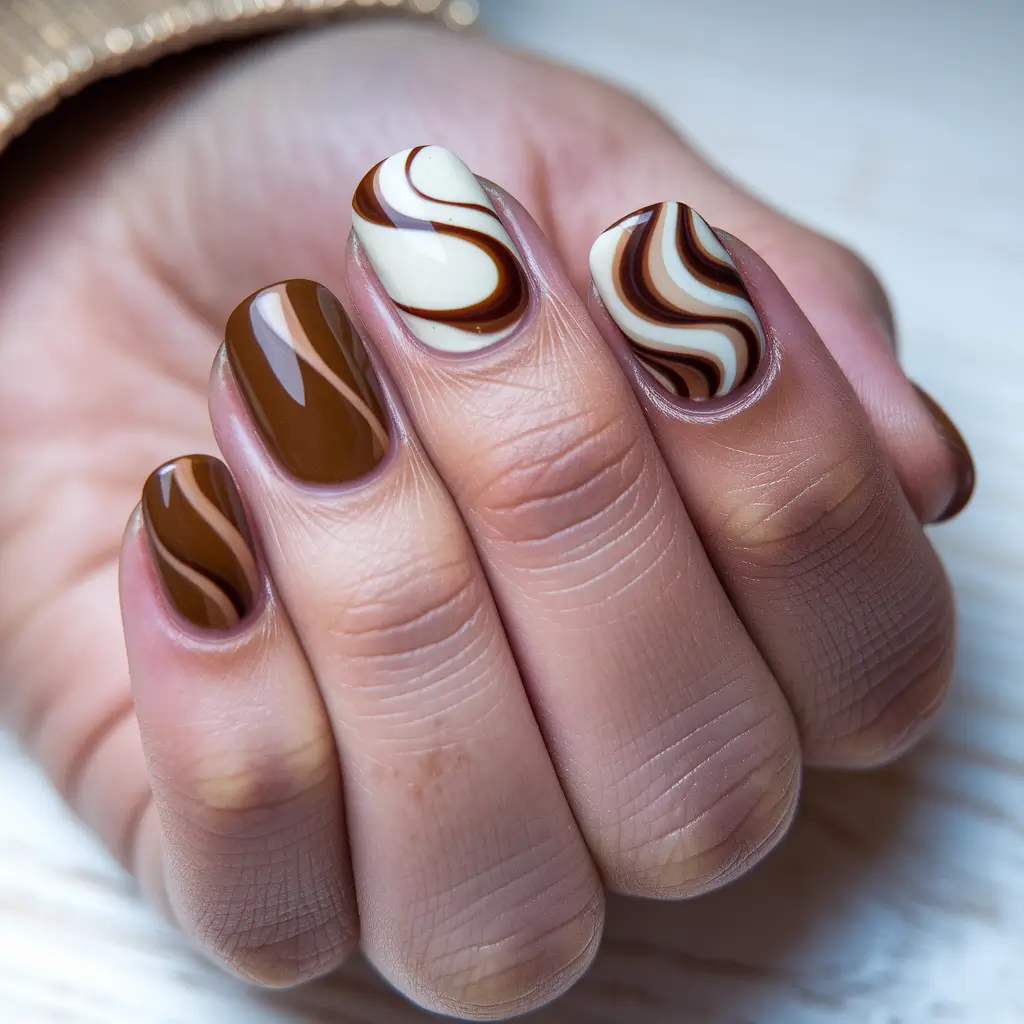 Fall 2025 Nail Colors - Trendy Shades Swirls of Chocolate and Cream Elegance