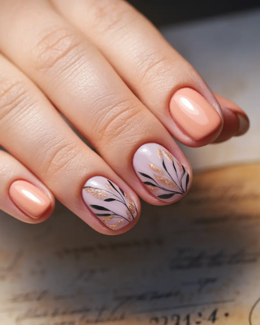Fall 2025 Nail Colors - Trendy Shades Peach and Leafy Accent Design