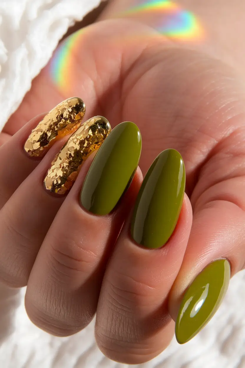 Fall 2025 Nail Colors - Trendy Shades Olive and Gold Luxe Contrast