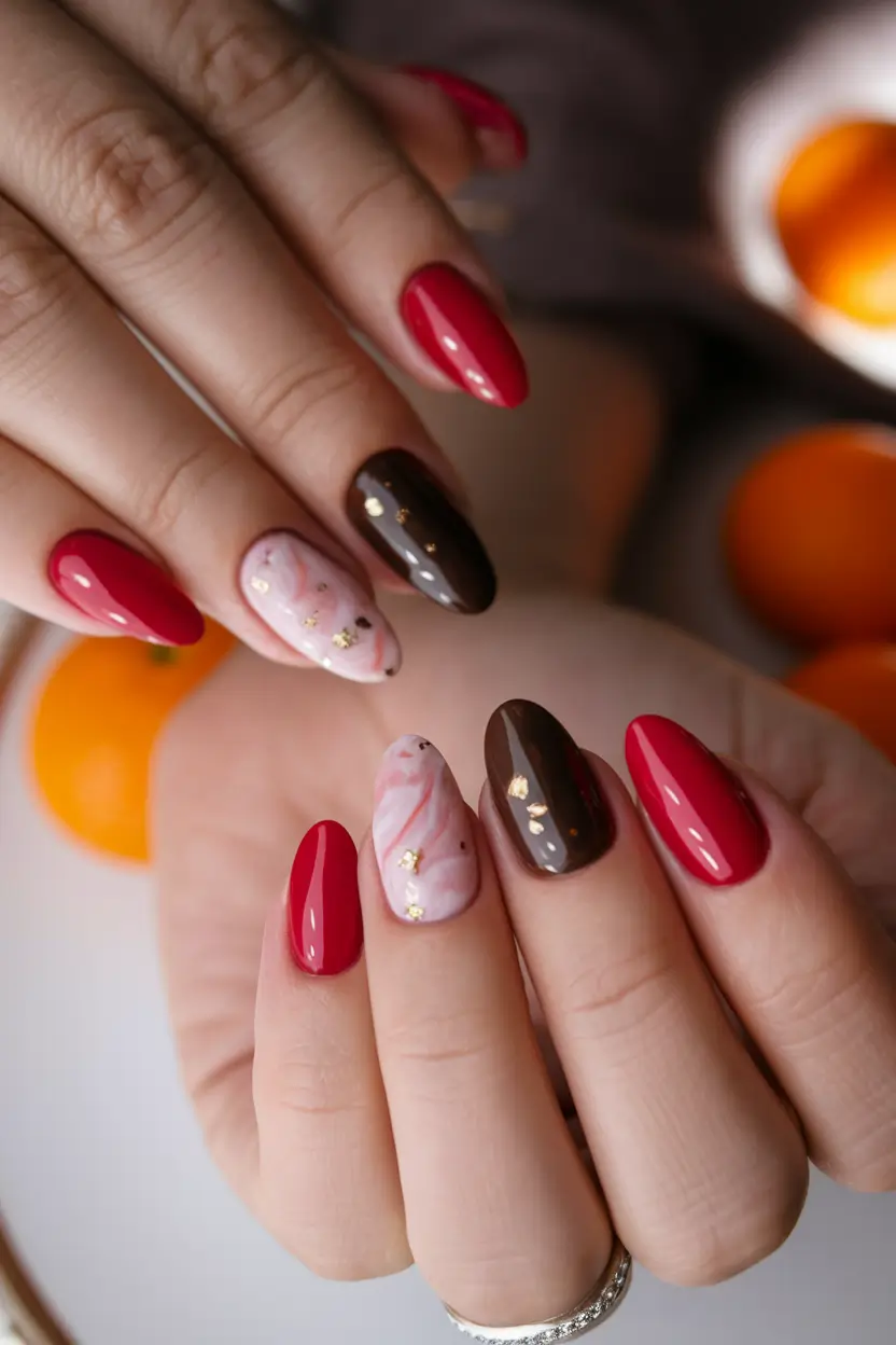 Fall 2025 Nail Colors - Trendy Shades Crimson Meets Cocoa with Gilded Whispers
