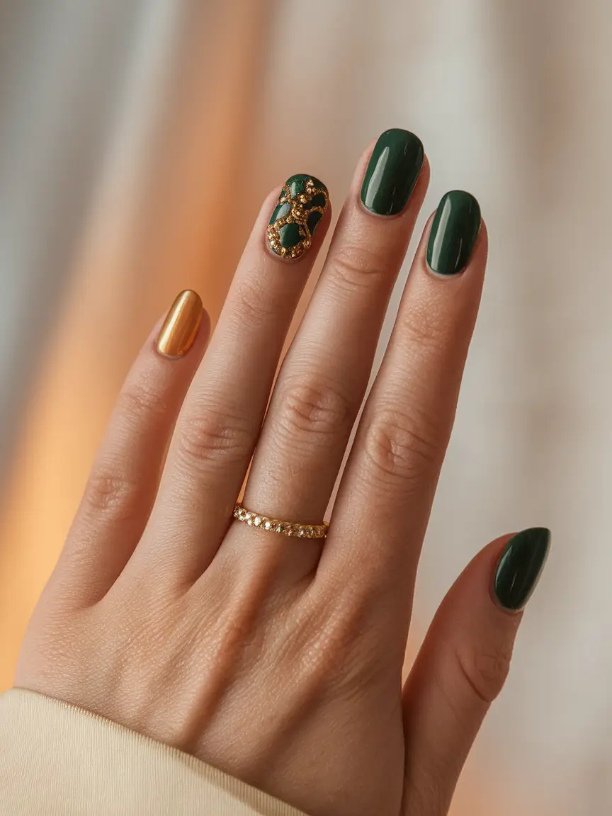 Fall 2025 Nail Colors - Trendy Shades Emerald and Gold Luxe Fusion