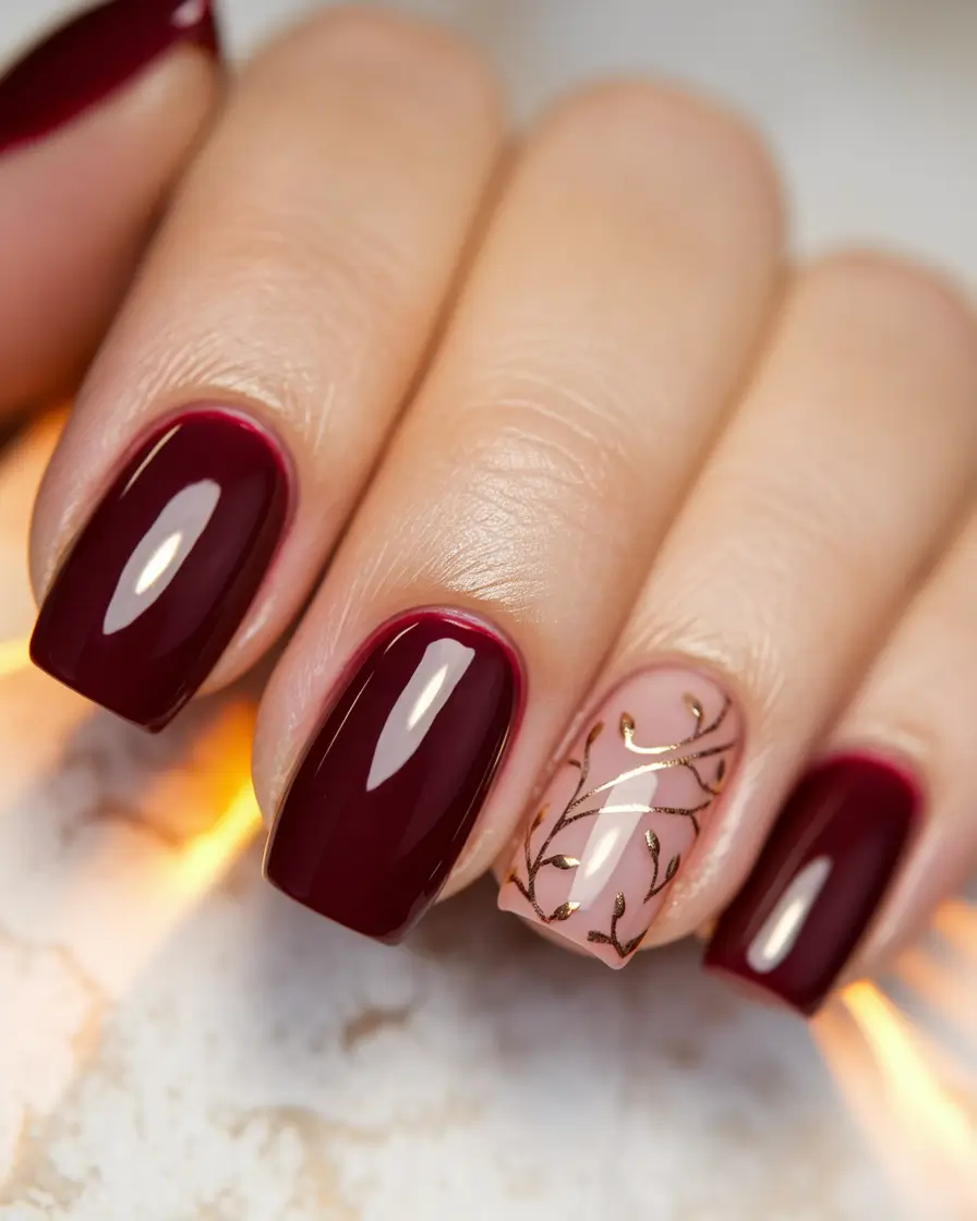 Fall 2025 Nail Colors - Trendy Shades Garnet Gloss with Golden Branch Detail