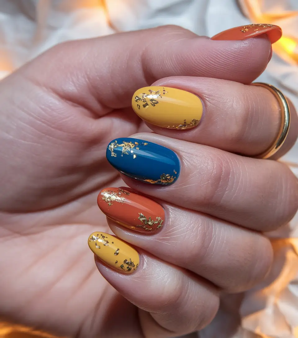 Fall 2025 Nail Colors - Trendy Shades Autumn Confetti Orange Mustard and Sapphire