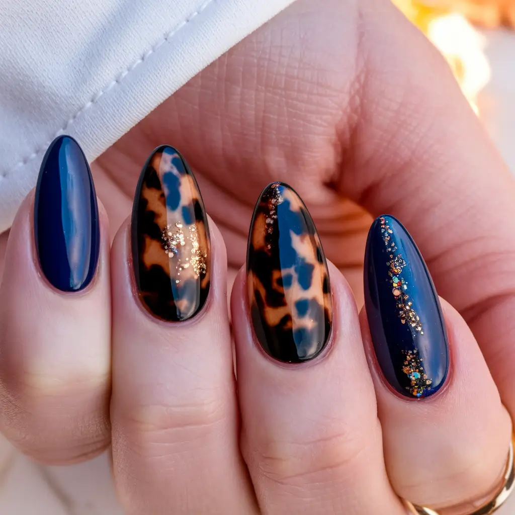 Fall 2025 Nail Colors - Trendy Shades Tortoiseshell and Midnight Spark