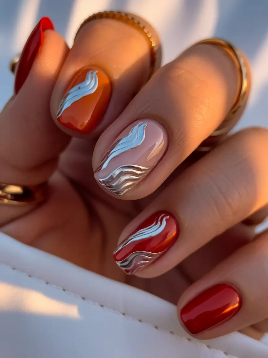 Fall 2025 Nails Art Inspiration Fiery Silver Waves