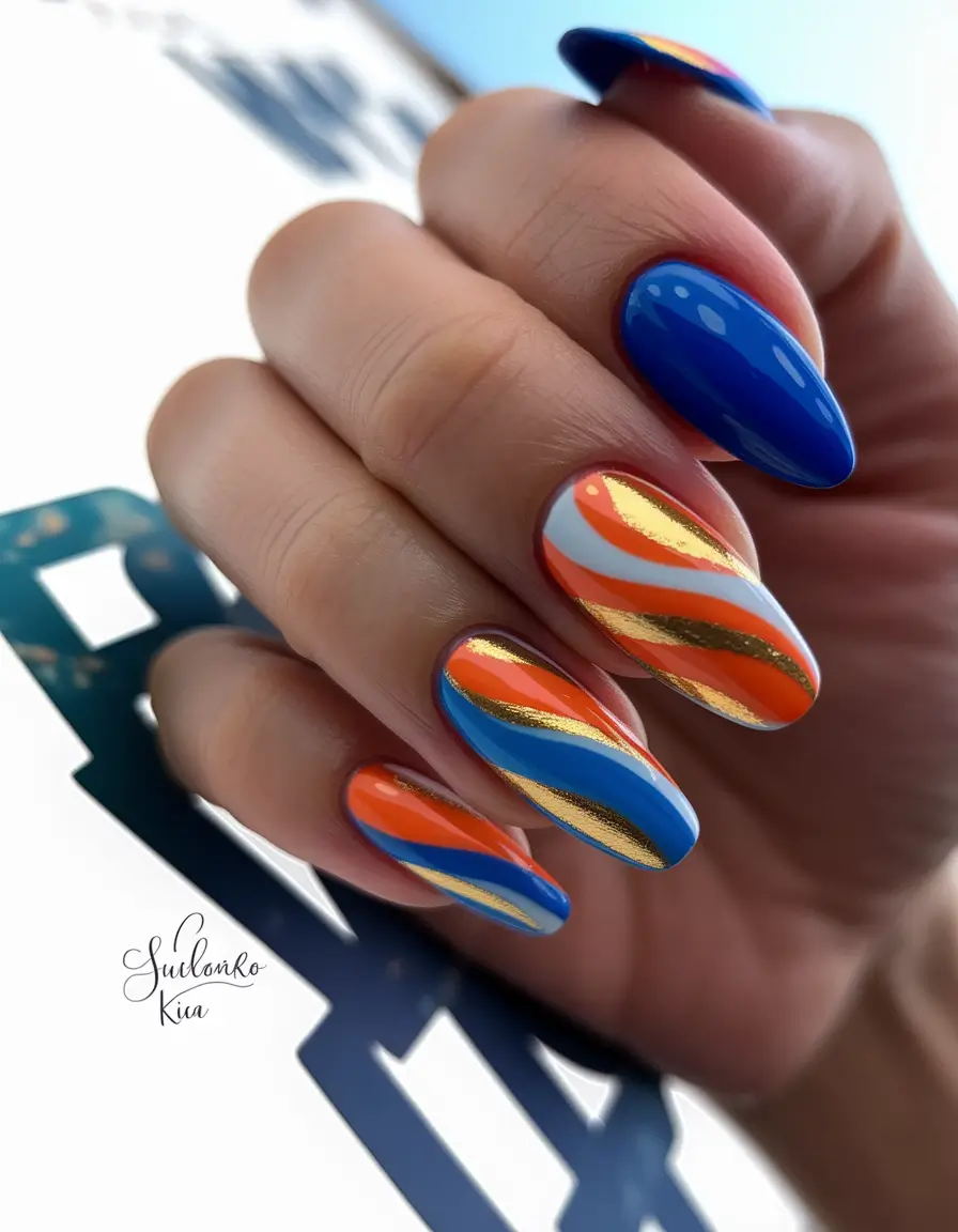Fall 2025 Nails Art Inspiration Blue Sunset Swirls