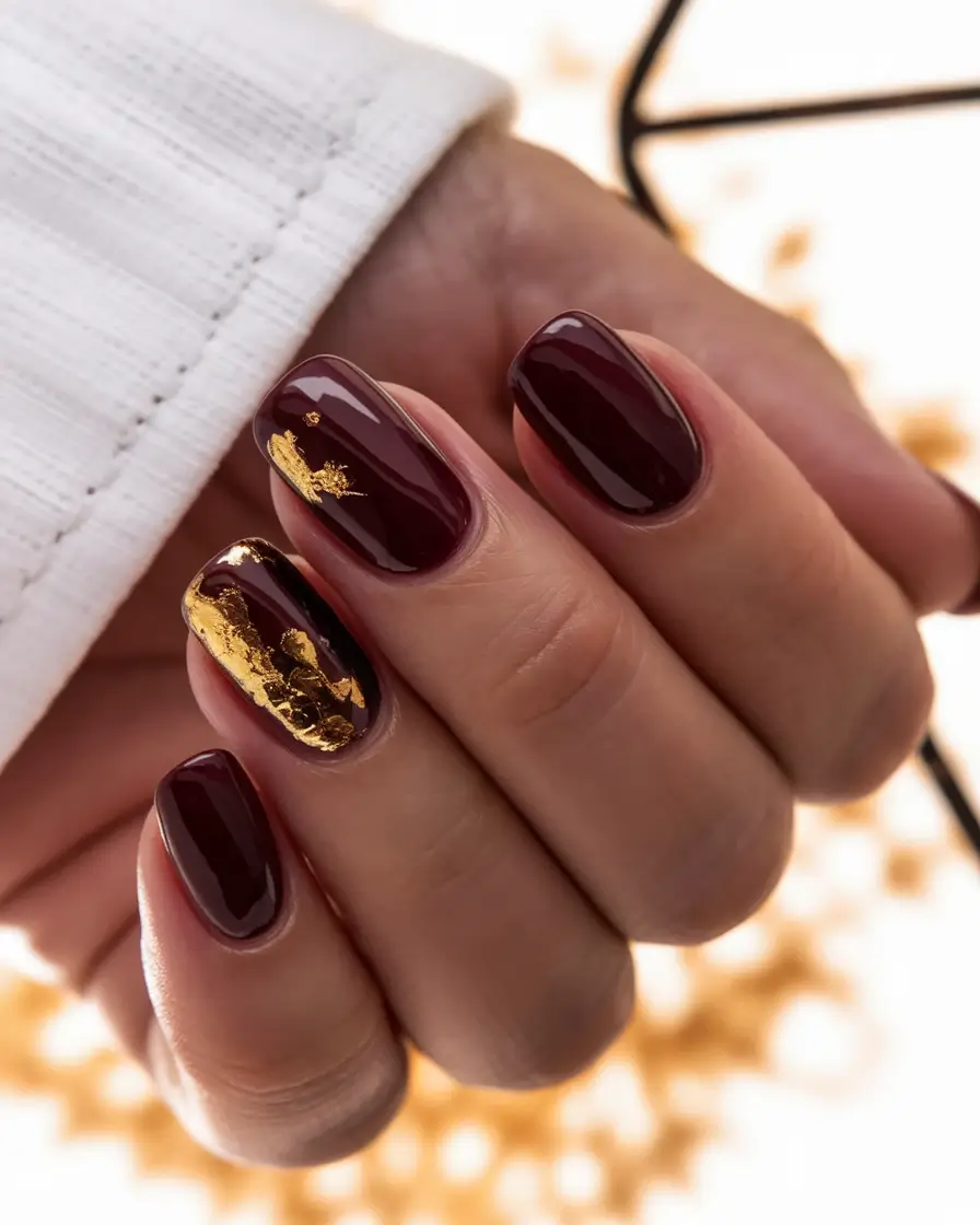 Fall 2025 Nails Art Inspiration Burgundy Luxe with Gold Foil