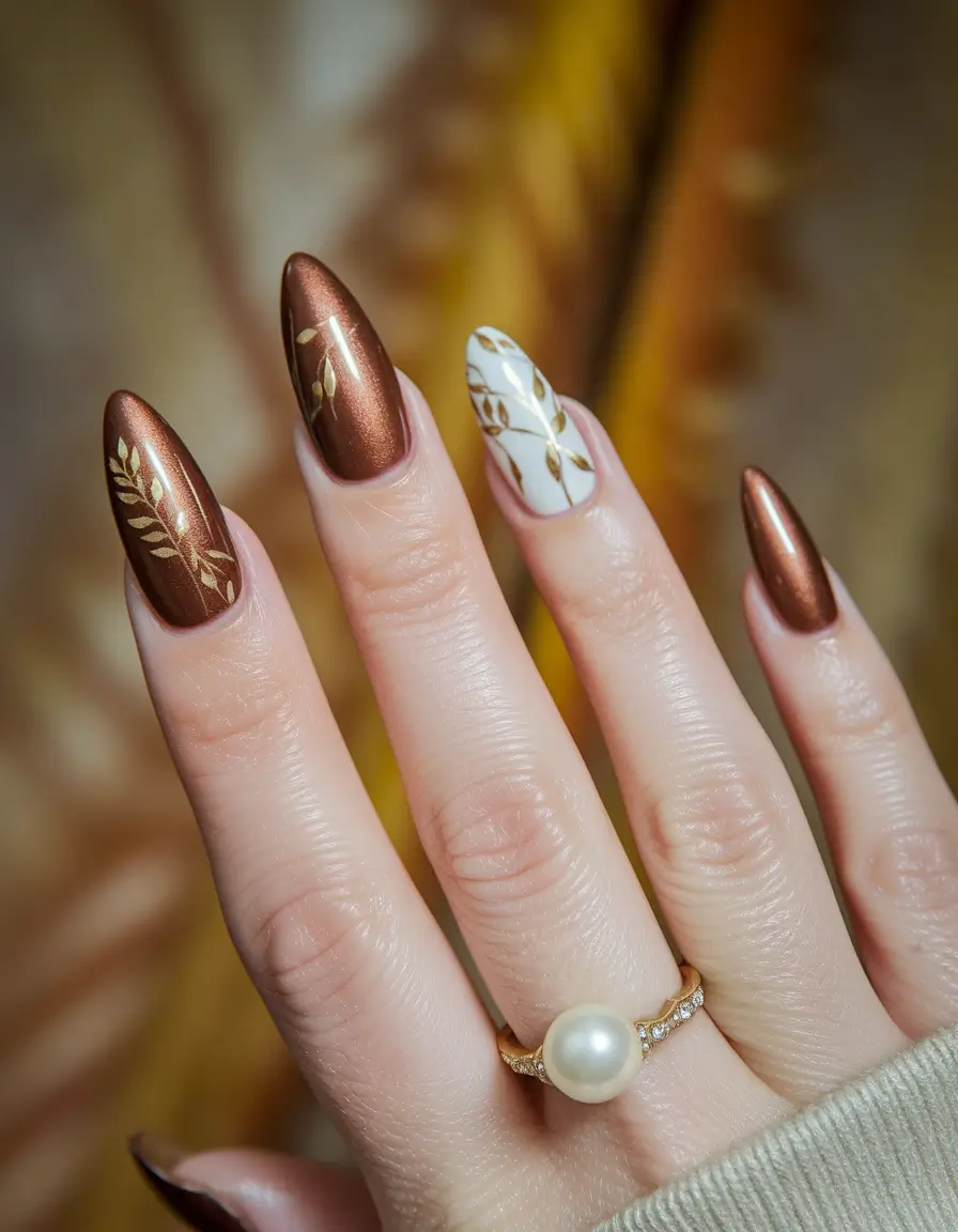 Fall 2025 Nails Art Inspiration Bronzed Almond Leaves