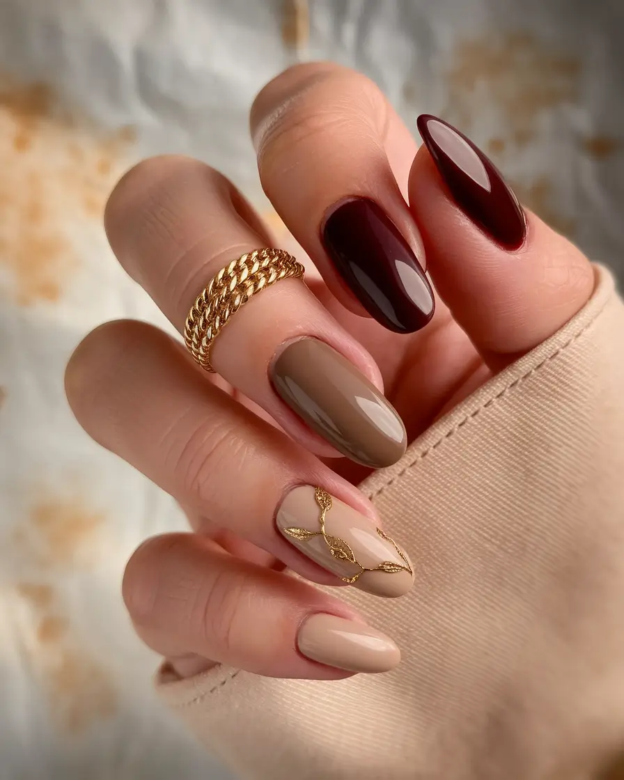 Fall 2025 Nails Art Inspiration Neutral Elegance with Golden Vines