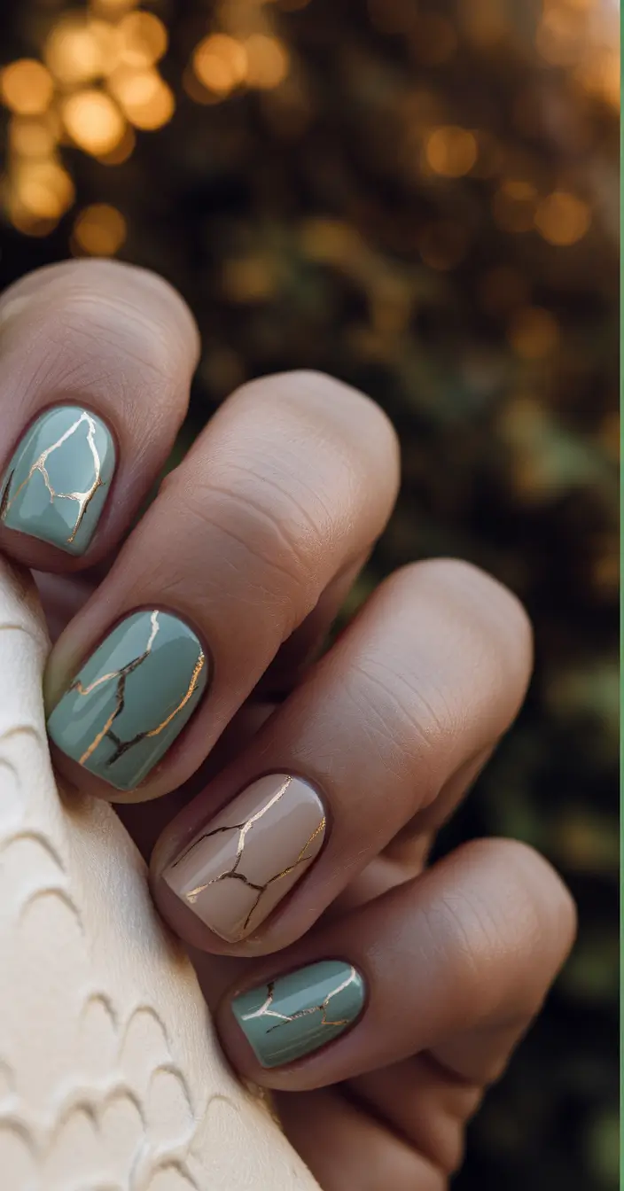 Fall 2025 Nails Art Inspiration Misty Sage Gold Vein Magic