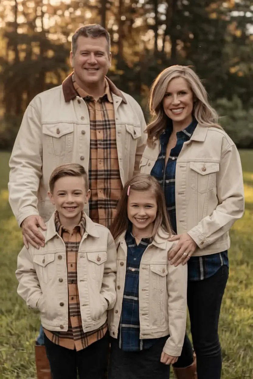 fall family photo outfits ideas 2025 Coordinated Layers in Cream and Plaid