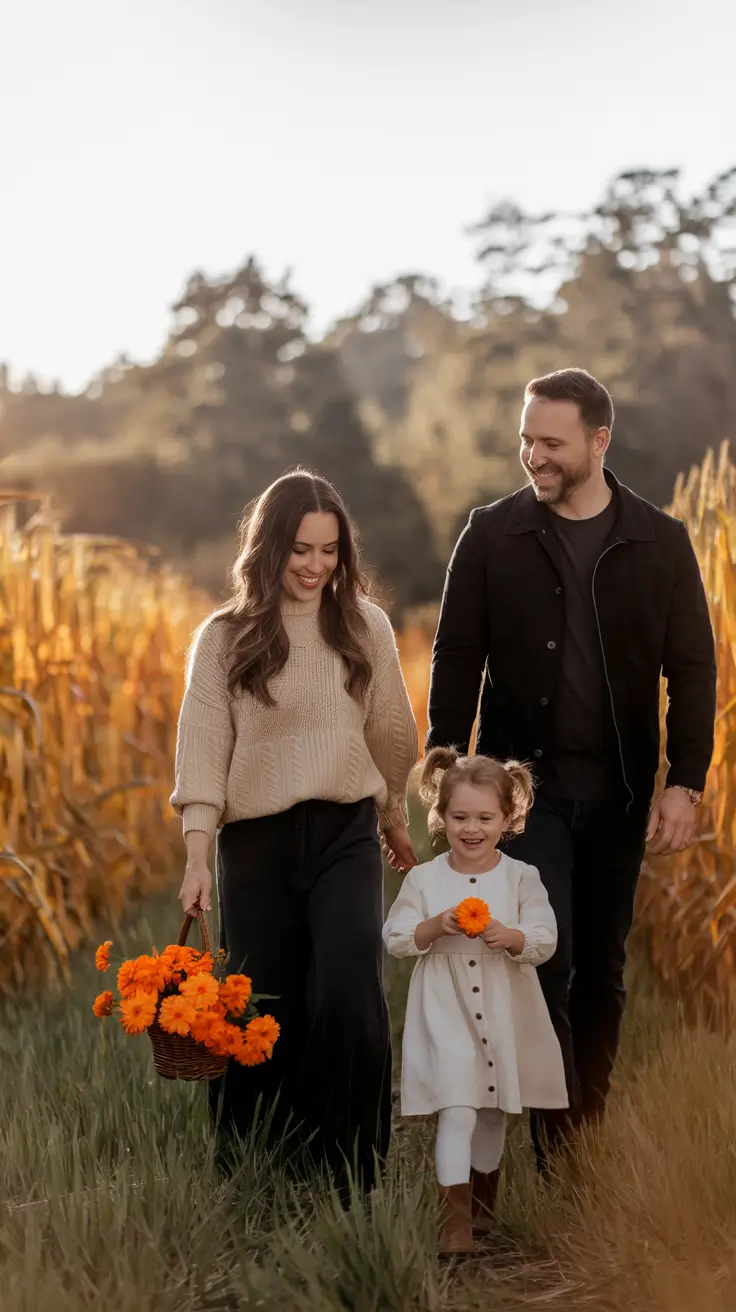 fall family photo outfits ideas 2025 Muted Contrast in Cornfield Light