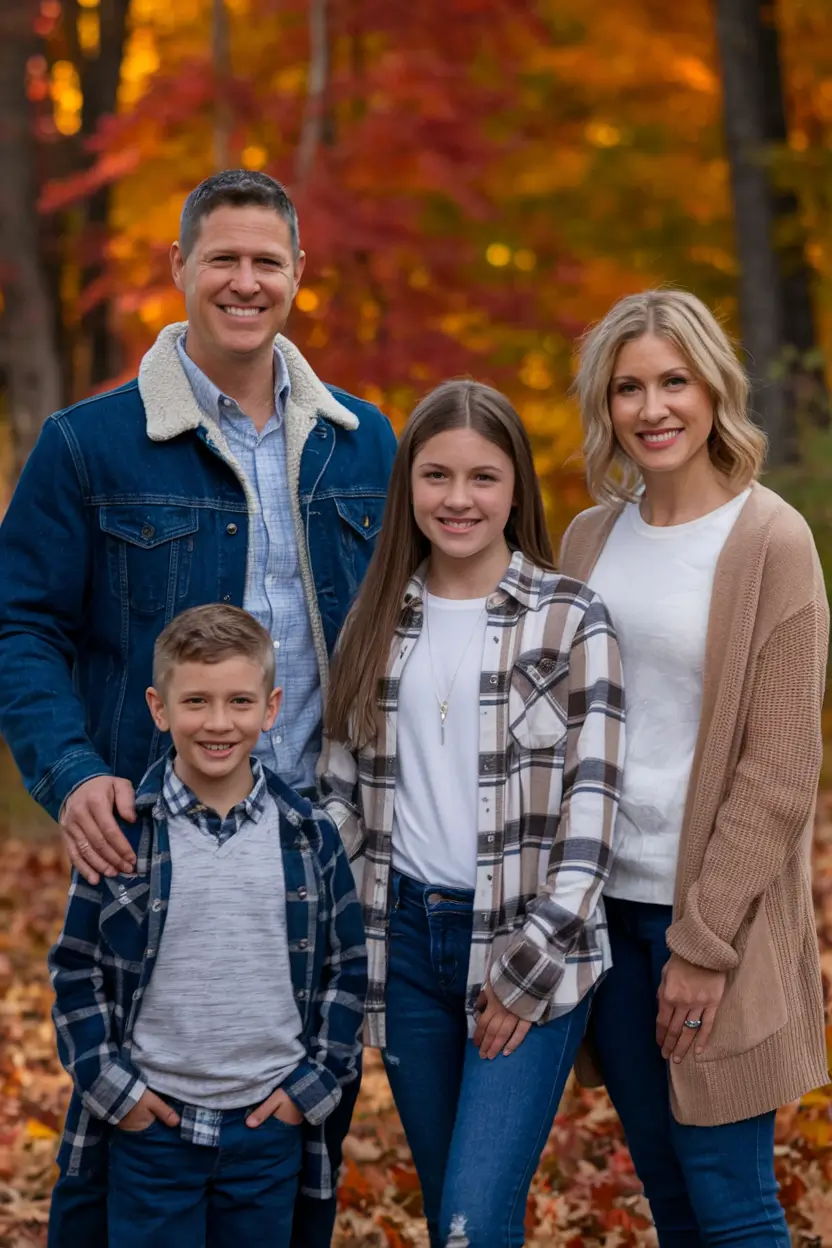 fall family photo outfits ideas 2025 Denim and Plaid Leaf-Peeping Layers