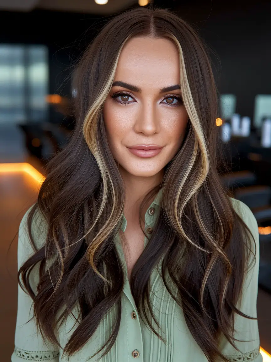 Fall Hair Color Ideas for Dark Hair in 2025 High-Contrast Caramel Ribbons on Espresso Waves