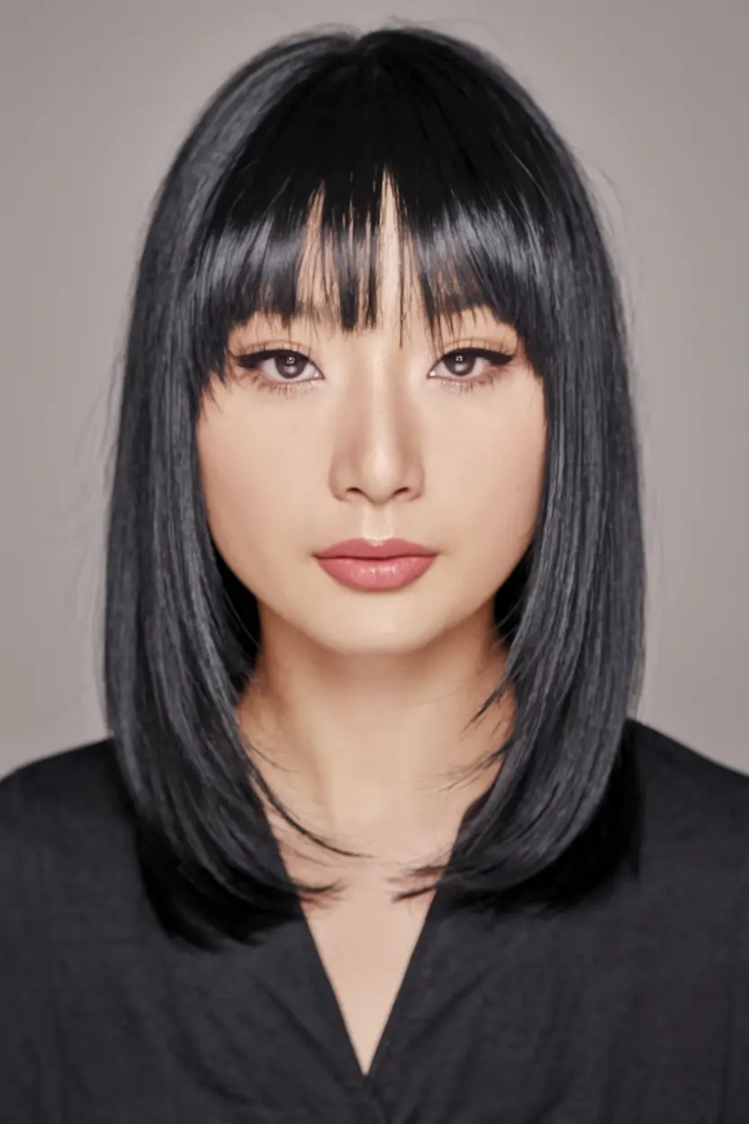 Fall Hair Color Ideas for Dark Hair in 2025 Silky Ink-Black Bob With Fringe