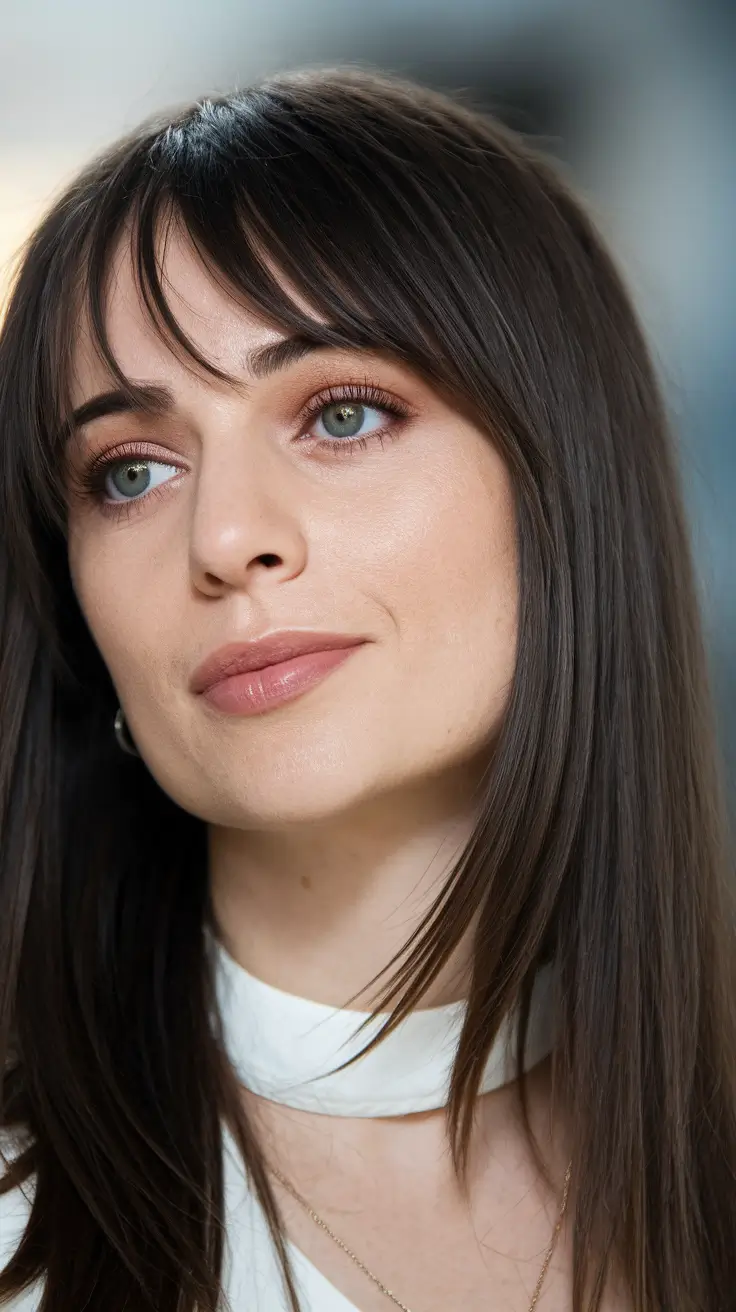 Fall Hair Color Ideas for Dark Hair in 2025 Chocolate Lob With Soft Piecey Bangs