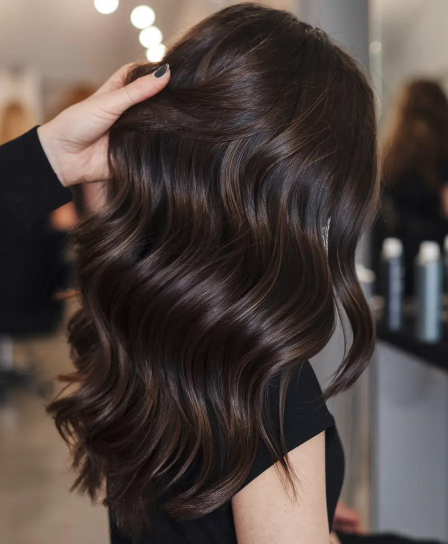 Fall Hair Color Ideas for Dark Hair in 2025 Glossy Chocolate Waves with Deep Dimension