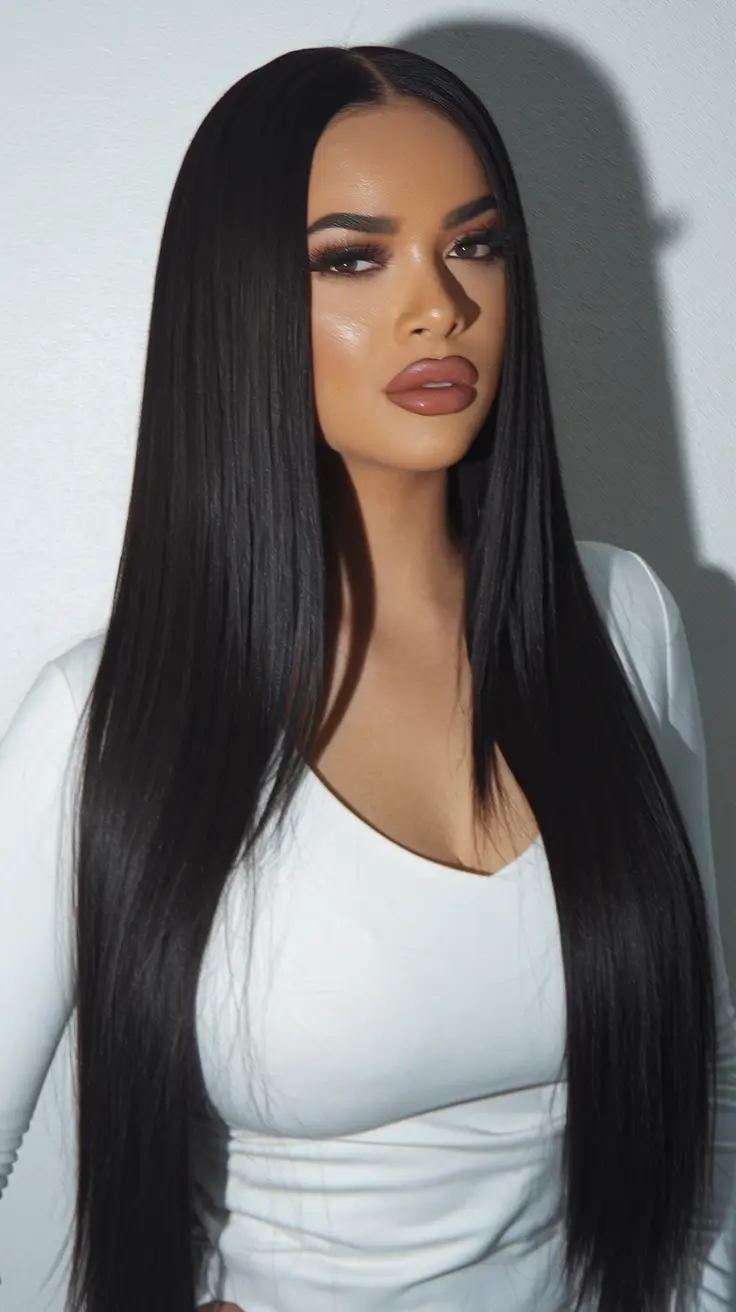 Fall Hair Color Ideas for Dark Hair in 2025 Silky Black Sheet with Razor Precision