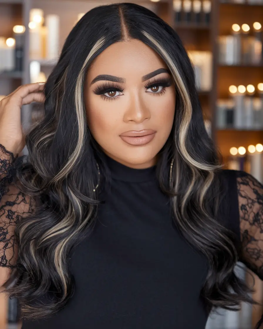Fall Hair Color Ideas for Dark Hair in 2025 Chalk Blonde Panels on Jet-Black Canvas