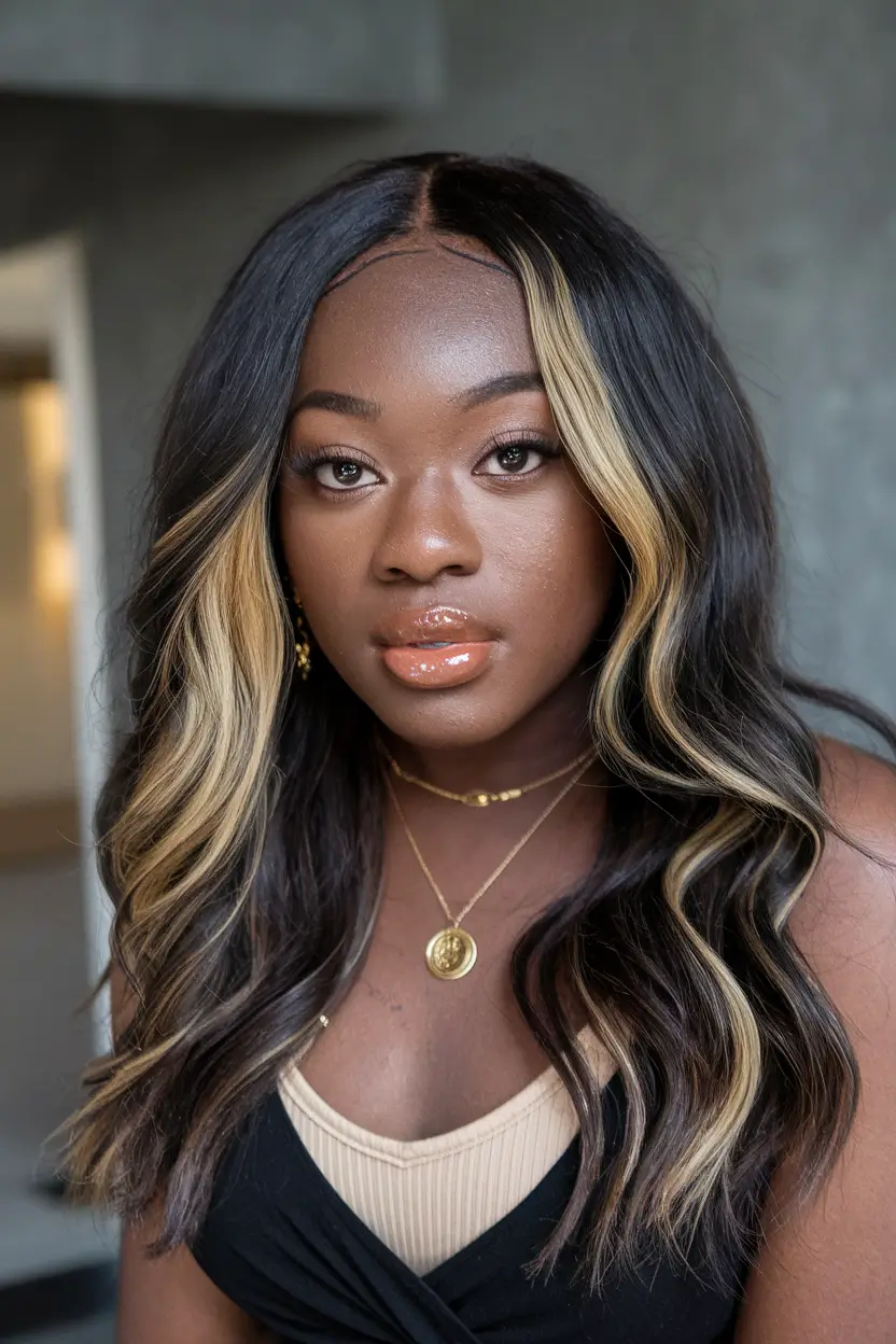 fall hairstyle black women Soft Waves with Blonde Highlights