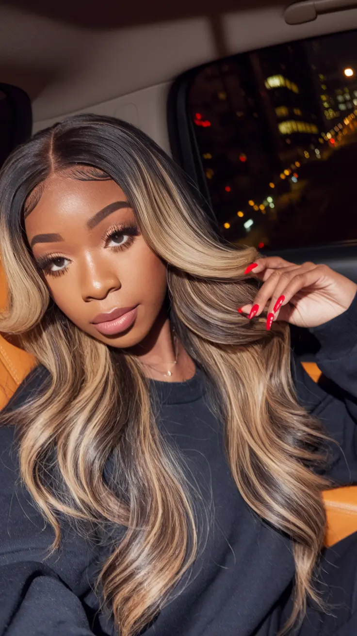 fall hairstyle black women High-Contrast Caramel Highlights