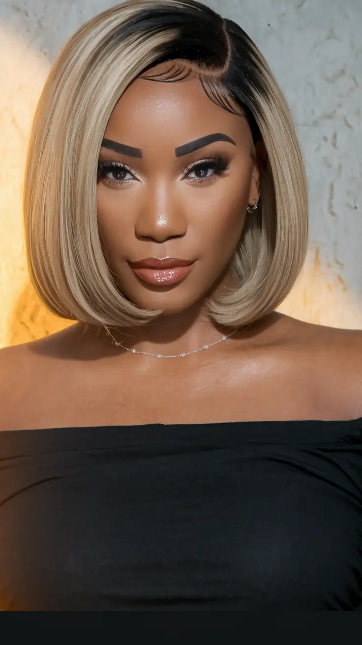 water fall hairstyle black women Platinum Bob with Dark Roots