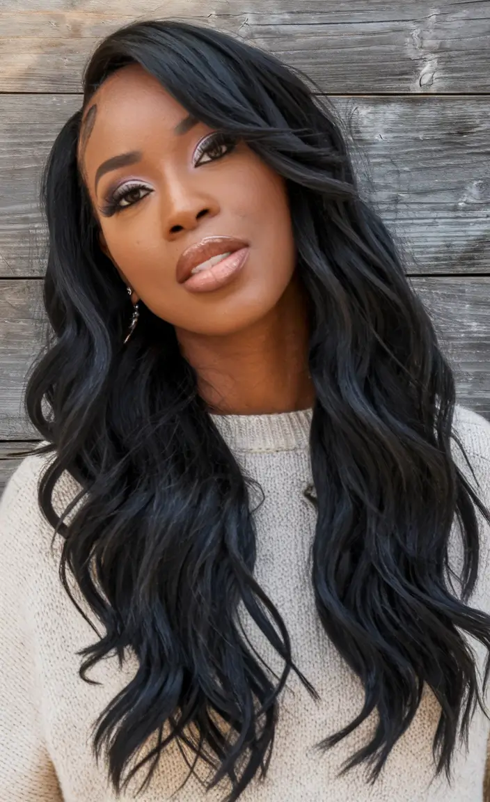 Fall Hairstyles for Black Women in 2025 Soft Jet-Black Waves with Side Sweep