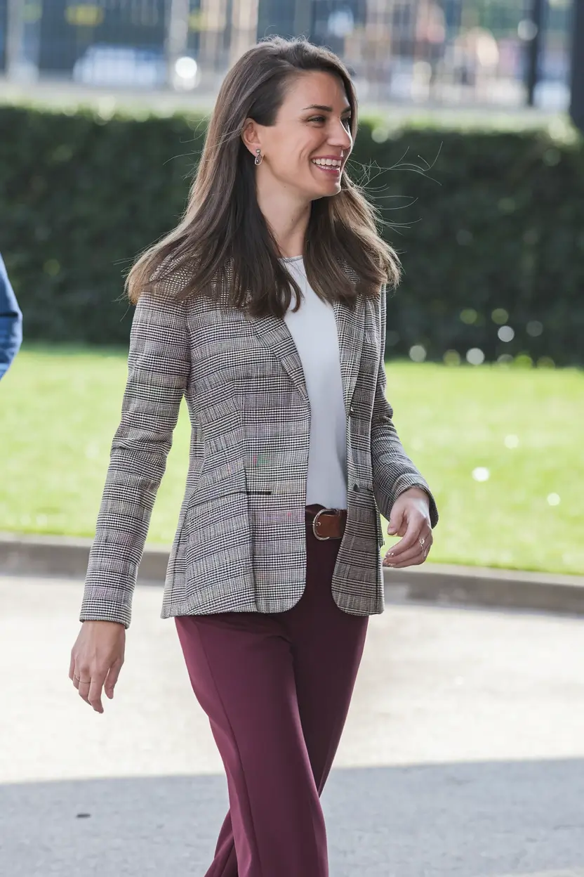 fall office outfits for women+Checked Blazer & Merlot Trousers for Instant Business Ease