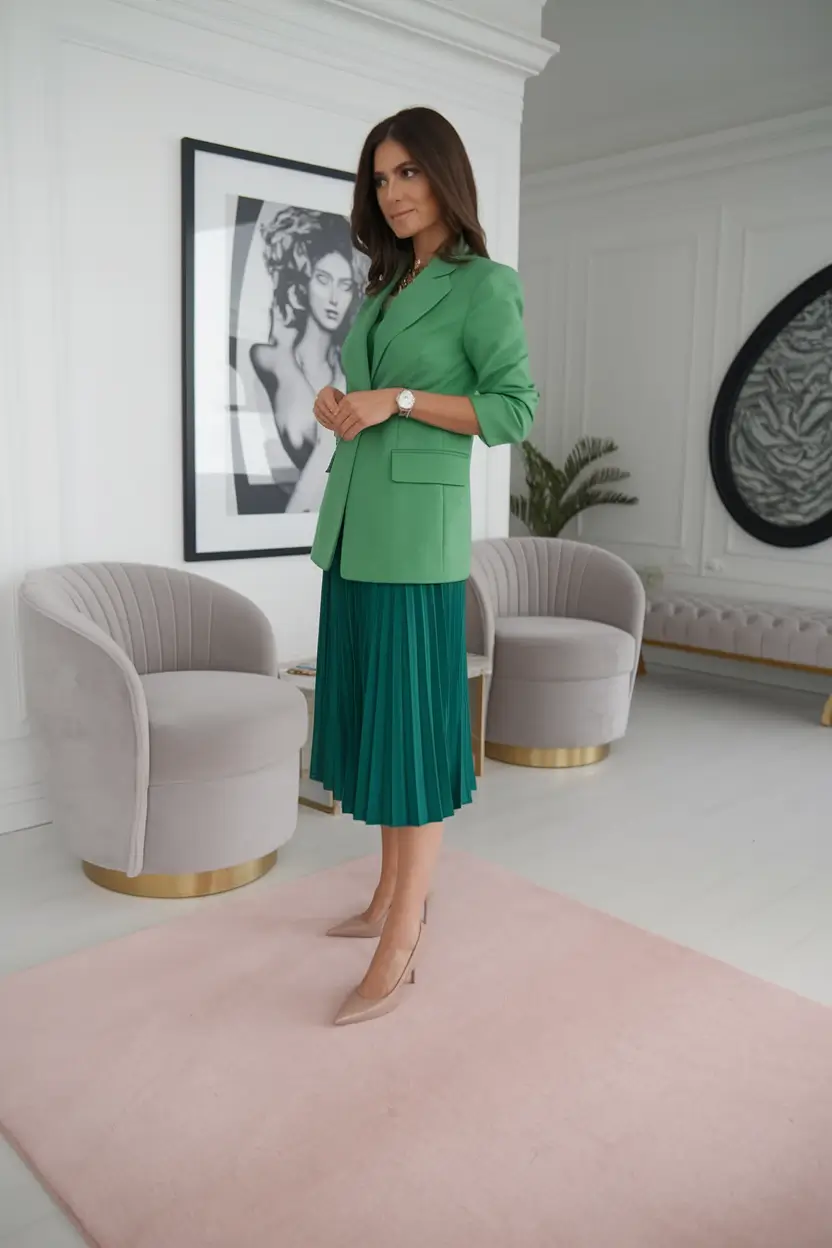 fall office outfits for women+Jewel-Tone Pleats Under a Bold Green Blazer